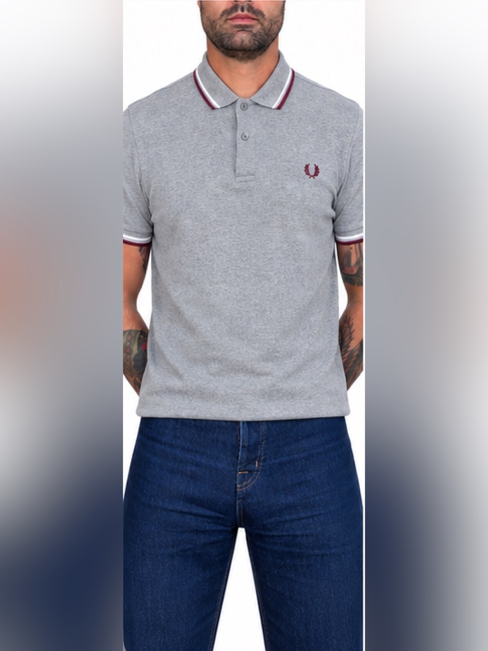 Fred Perry Grey Polo with Burgundy Trim